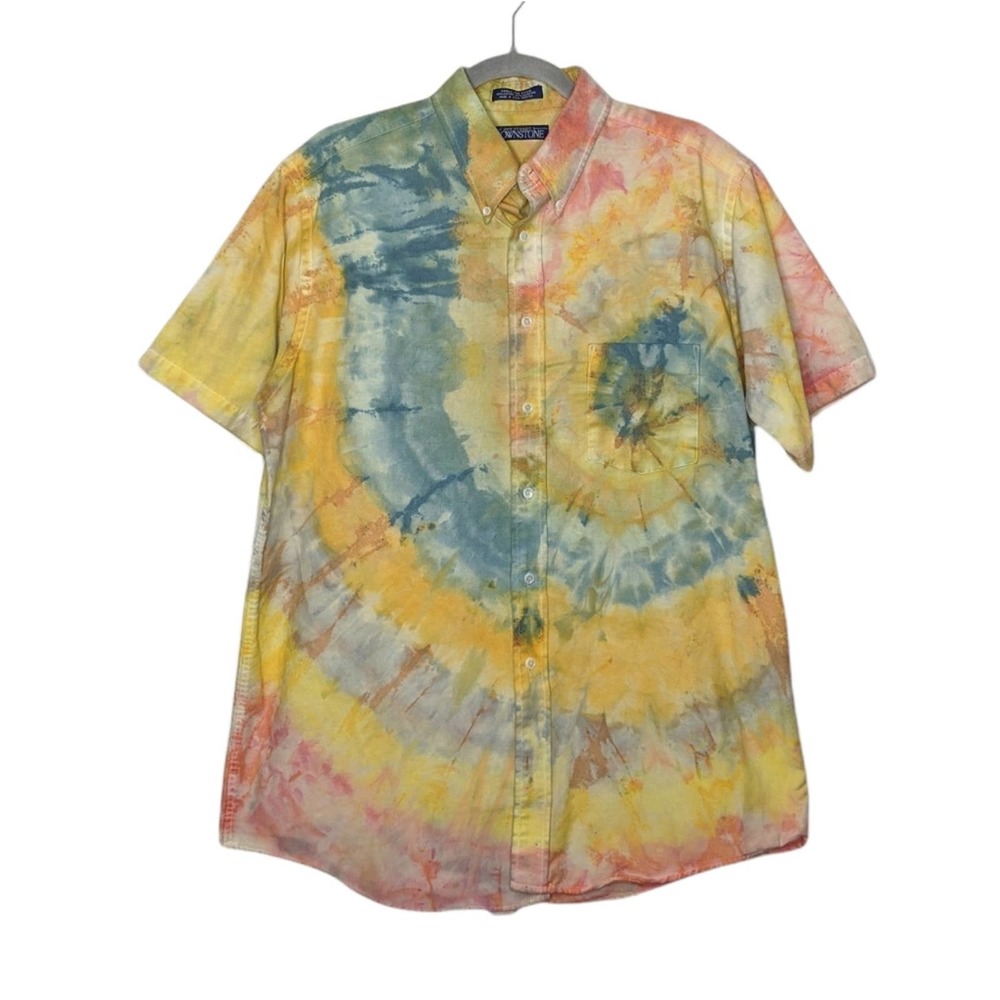 Vintage Ice Tie Dye Swirl Button Short Sleeve Shirt VTG  Art Nature Earth Tones